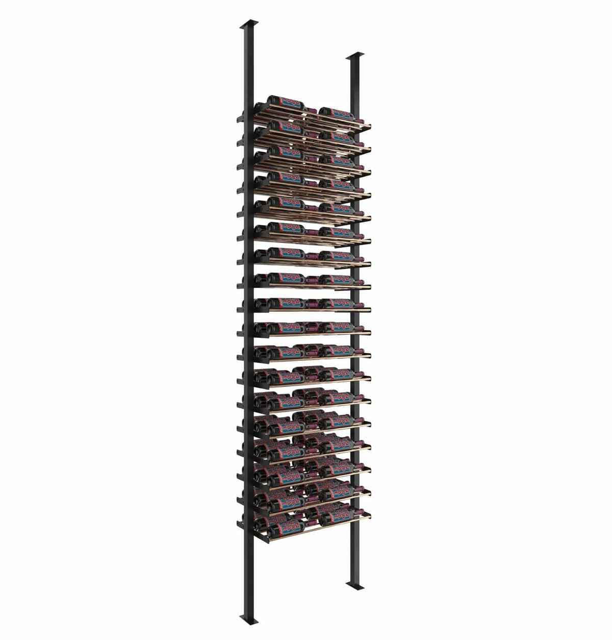 Wine bottle display rack with black metal posts and front-facing multi-row bottle holders
