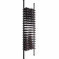 Wine bottle display rack with black metal posts and multi-row bottle holders for bottles