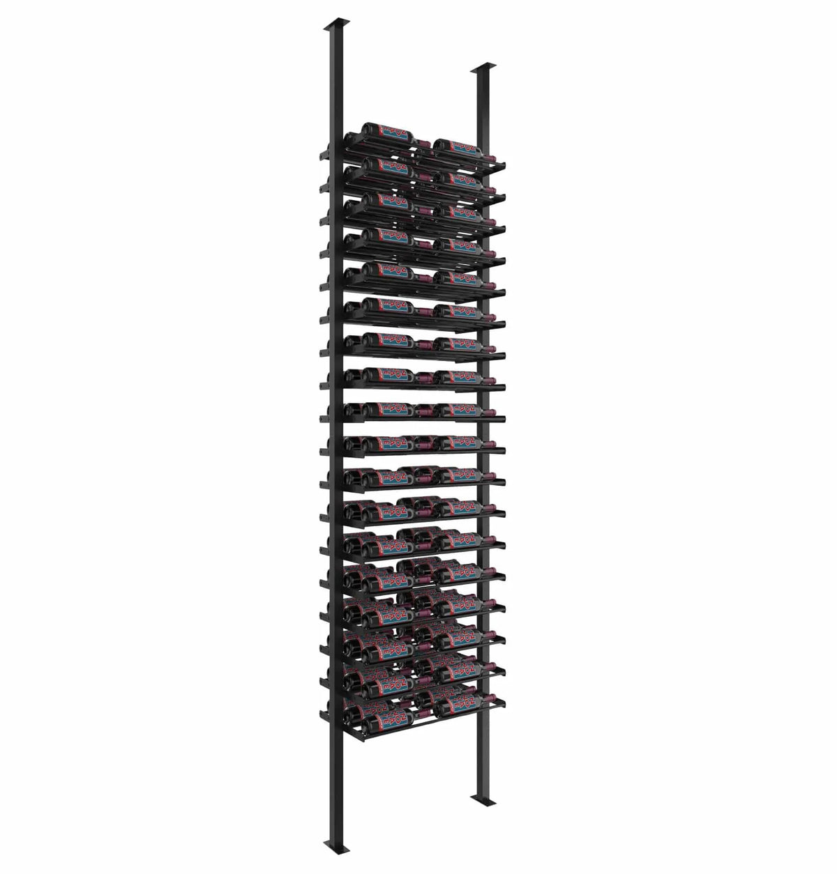 Wine bottle display rack with black metal posts and multi-row bottle holders for bottles
