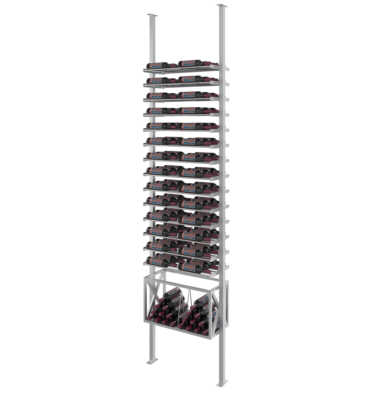 Low-profile wine bottle rack kit with chrome-like silver frame and horizontal bottle storage