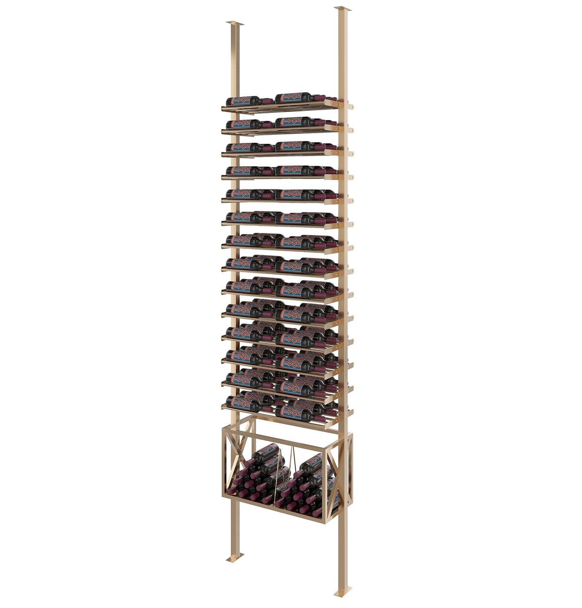 Low-profile wine bottle rack kit with golden bronze frame and neatly stacked bottle tiers
