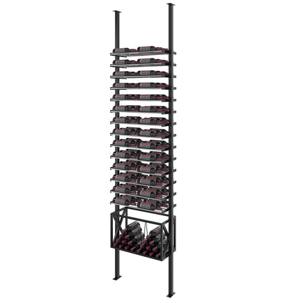 Low-profile wine bottle rack kit with matte black frame, front view of bottle slots and base