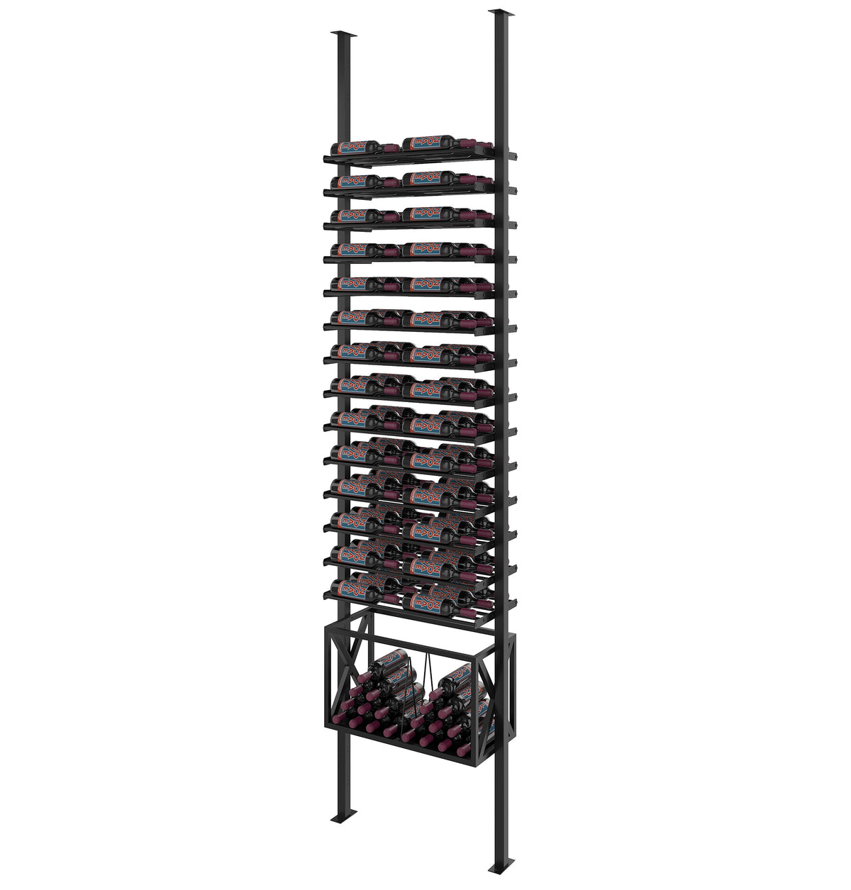 Low-profile wine bottle rack kit with matte black frame and visible open base for extra bottles