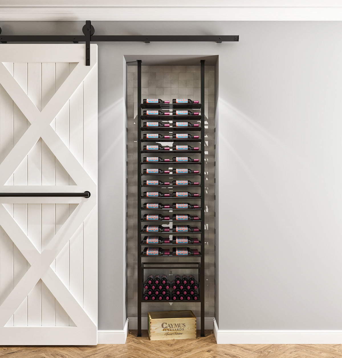 Low-profile wine bottle rack kit in-wall niche with horizontal bottle rows and bin base