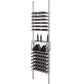 Cool gray low profile wine bottle storage rack with bottle rows and two bottles on middle shelf.