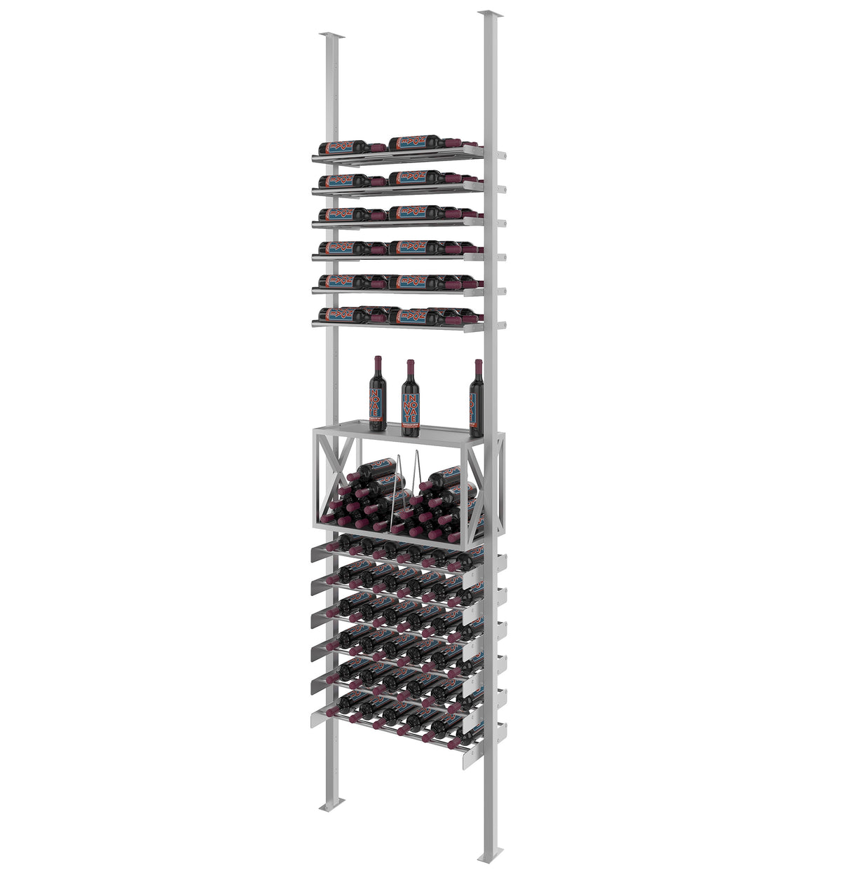 Cool gray low profile wine bottle storage rack with bottle rows and two bottles on middle shelf.