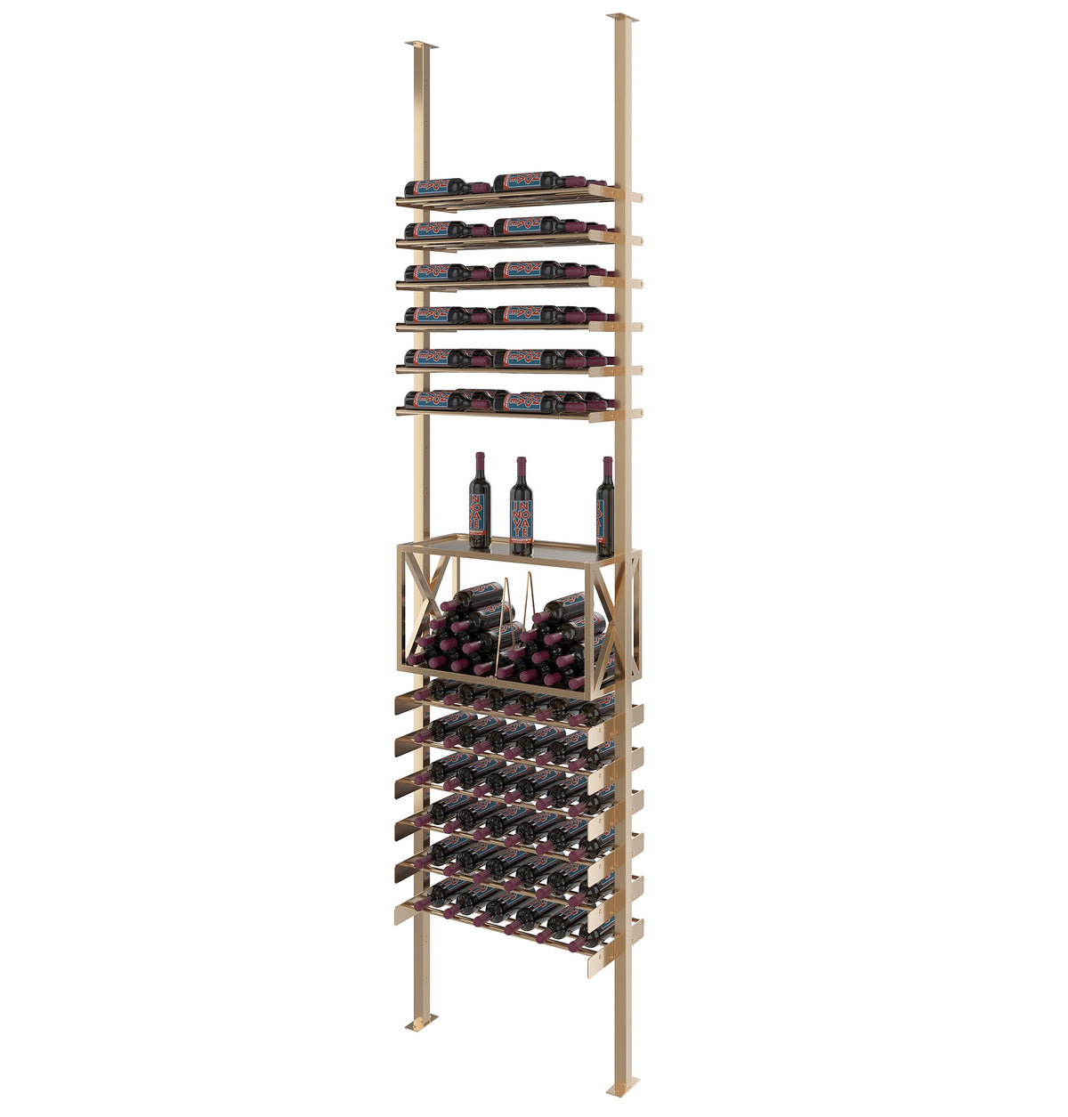 Golden bronze low profile wine bottle storage rack with stacked tiers and two bottles at center.