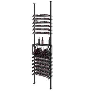 Matte black low profile wine bottle storage rack, showing top tiers and wine bottle rows.