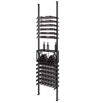 Matte black low profile wine bottle storage rack, showing top tiers and wine bottle rows.
