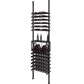 Matte black low profile wine bottle storage rack with multiple bottle rows and two bottles.