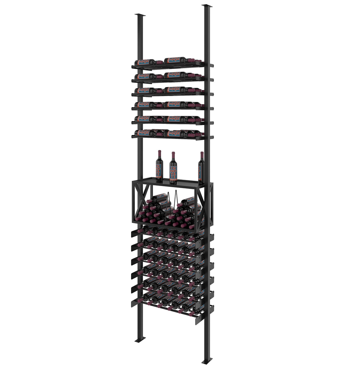 Matte black low profile wine bottle storage rack with multiple bottle rows and two bottles.