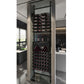 Built-in wine storage cabinet with cool gray frame, tiered bottle racks, and two bottles.