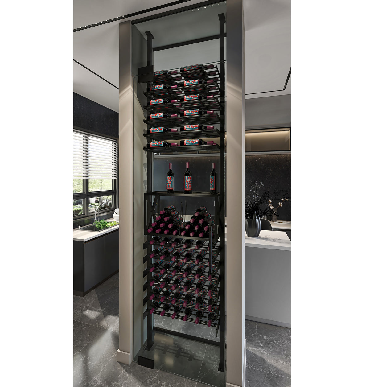 Built-in wine storage cabinet with cool gray frame, tiered bottle racks, and two bottles.