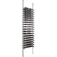 Wine bottle rack with horizontal ledges on light gray posts for organized bottle storage