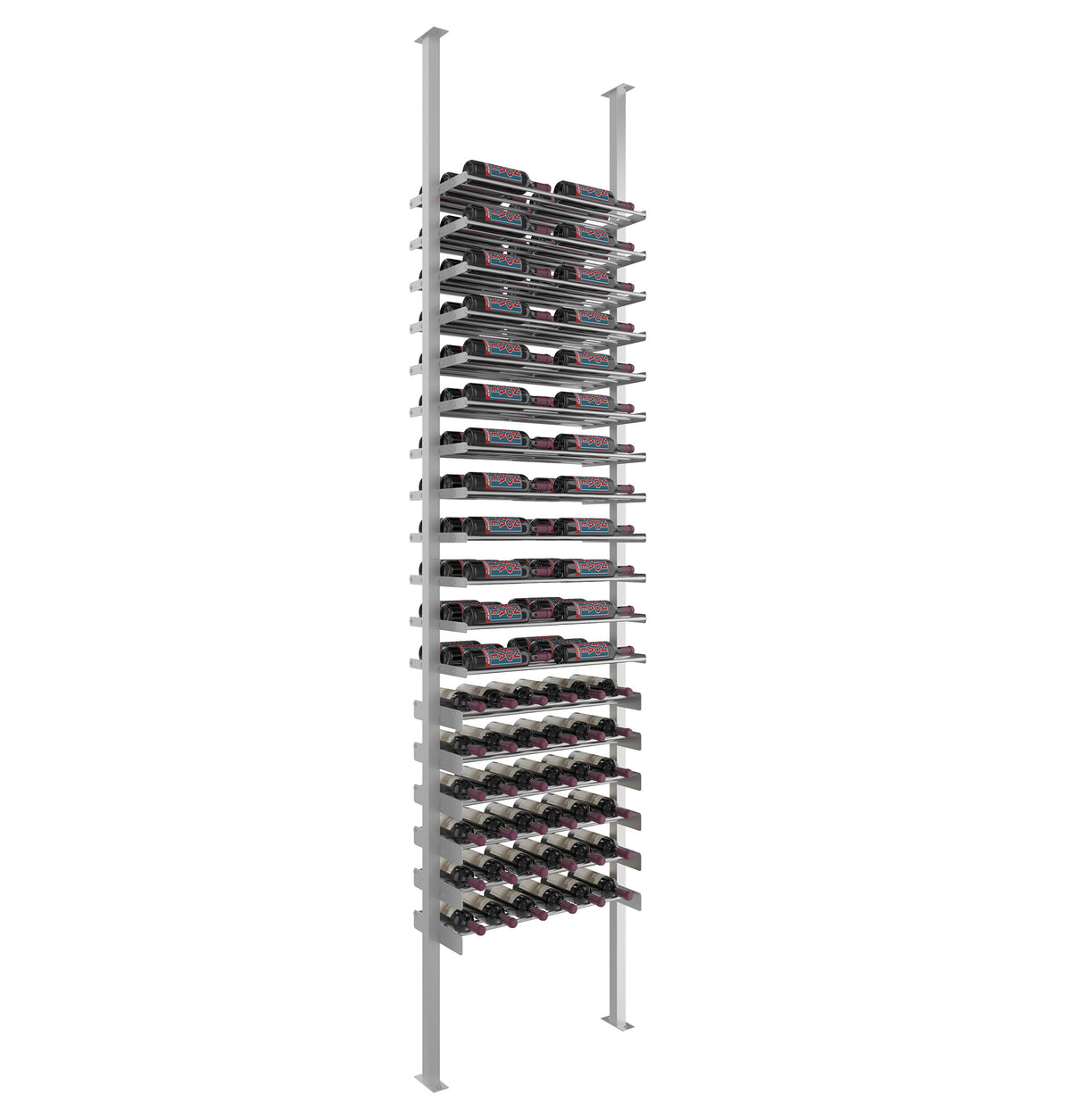 Wine bottle rack with horizontal ledges on light gray posts for organized bottle storage