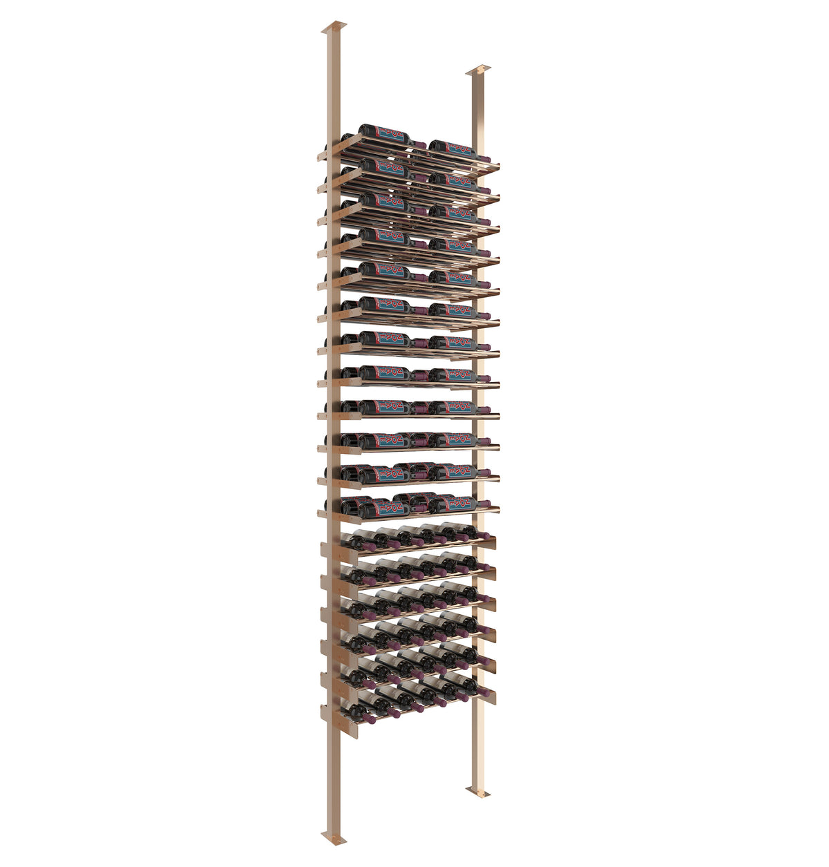 Wine bottle rack with horizontal ledges on bronze posts for organized bottle storage