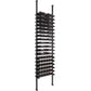 Wine bottle rack with horizontal ledges on black posts for organized bottle storage