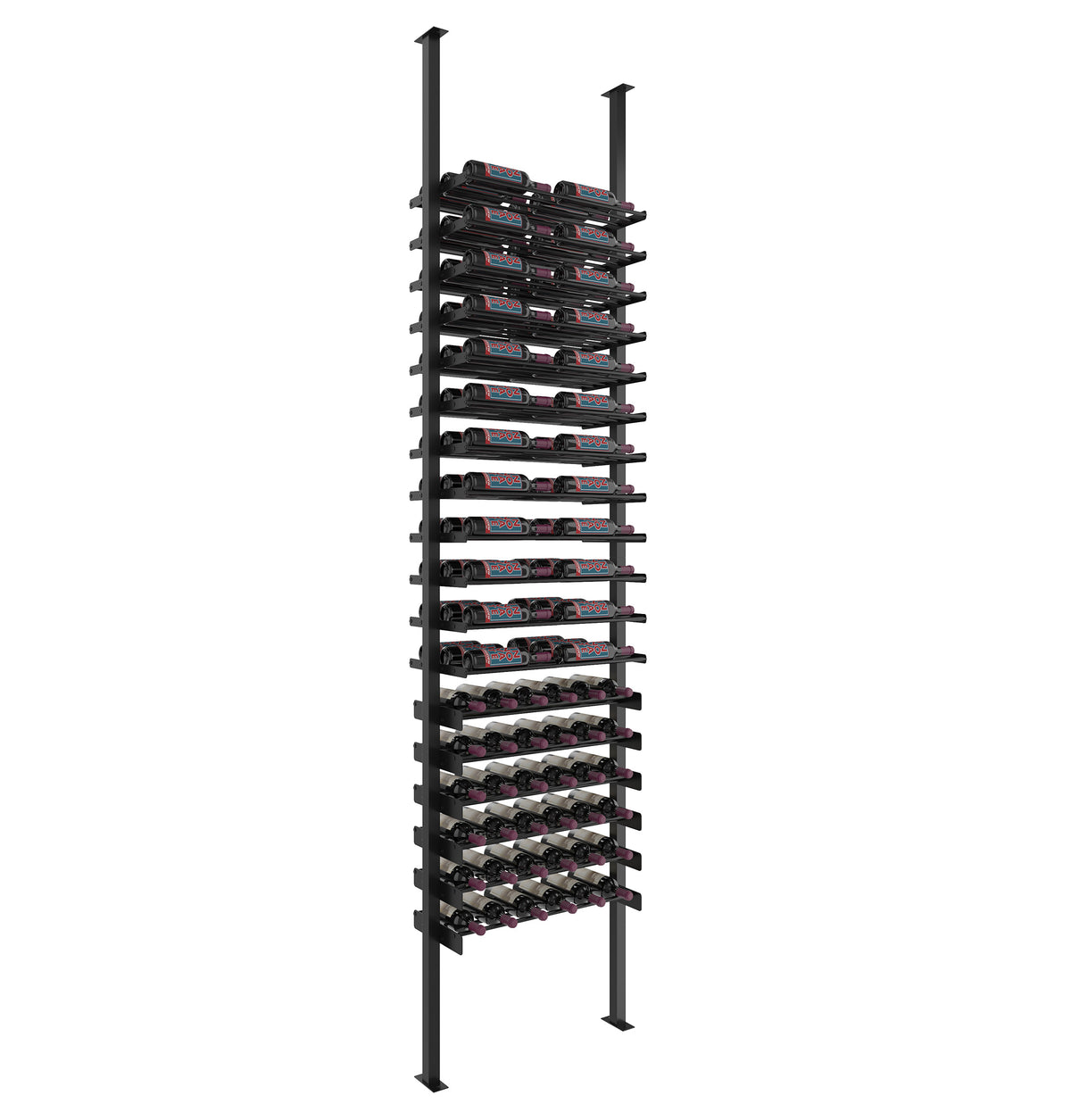 Wine bottle rack with horizontal ledges on black posts for organized bottle storage