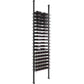 Wine bottle rack with horizontal ledges on black posts with stacked rows of bottles