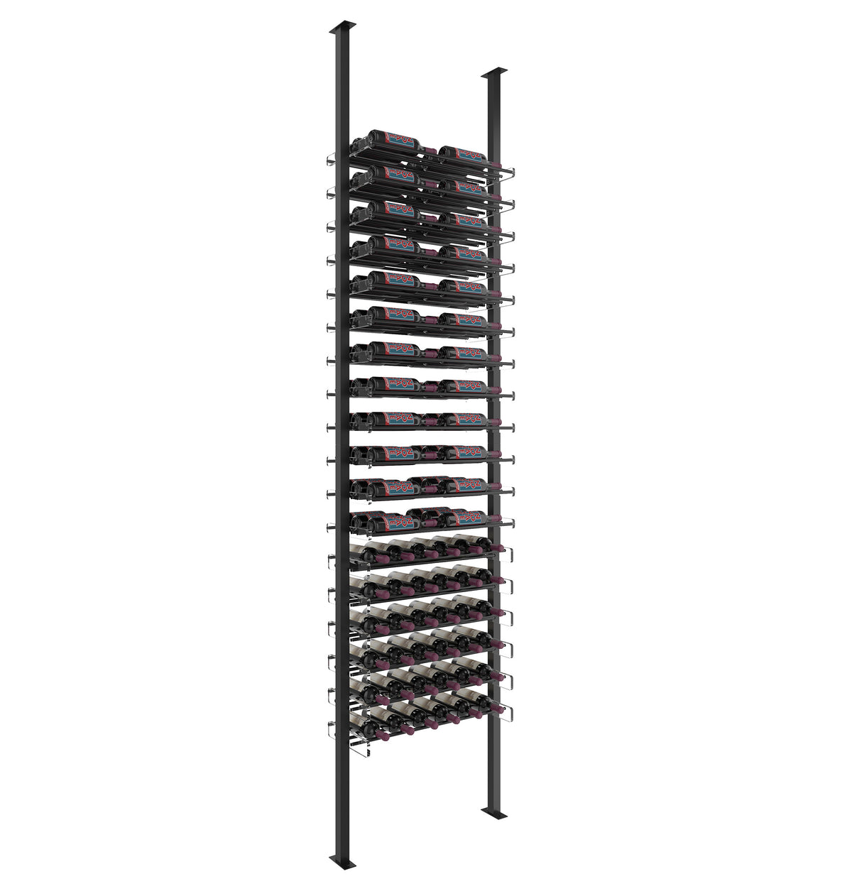 Wine bottle rack with horizontal ledges on black posts with stacked rows of bottles