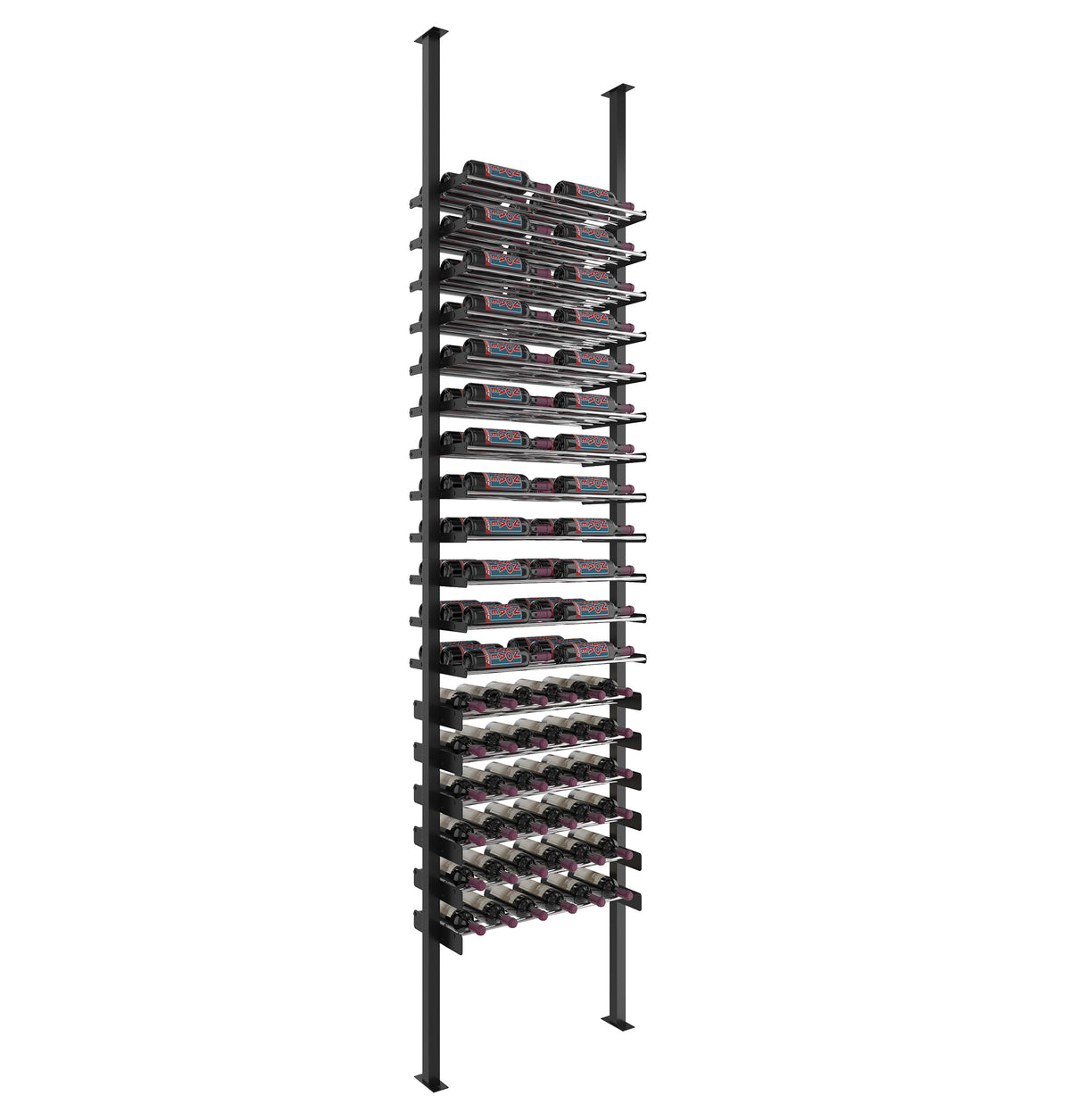 Wine bottle rack with horizontal ledges on black posts with stacked rows of bottles