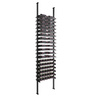 Wine bottle rack with horizontal ledges on black posts with stacked rows of bottles