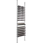 Wine bottle display rack with gray posts and black rows of bottle cradles