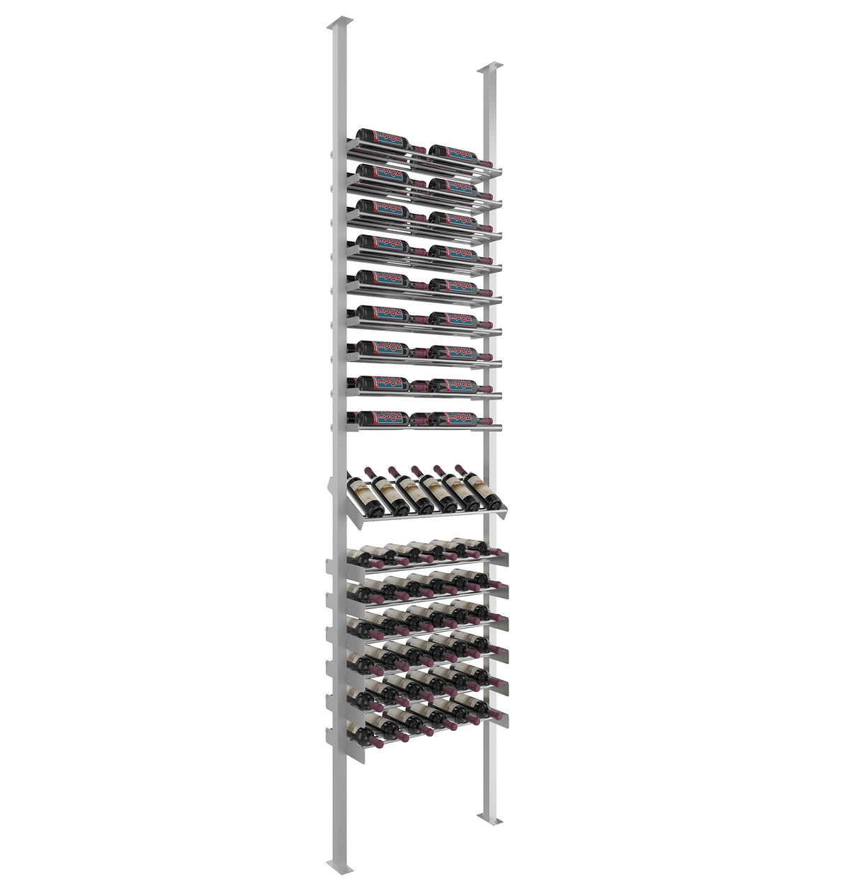 Wine bottle display rack with gray posts and black rows of bottle cradles