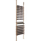 Wine bottle display rack with maroon-capped bottles and bronze-toned posts