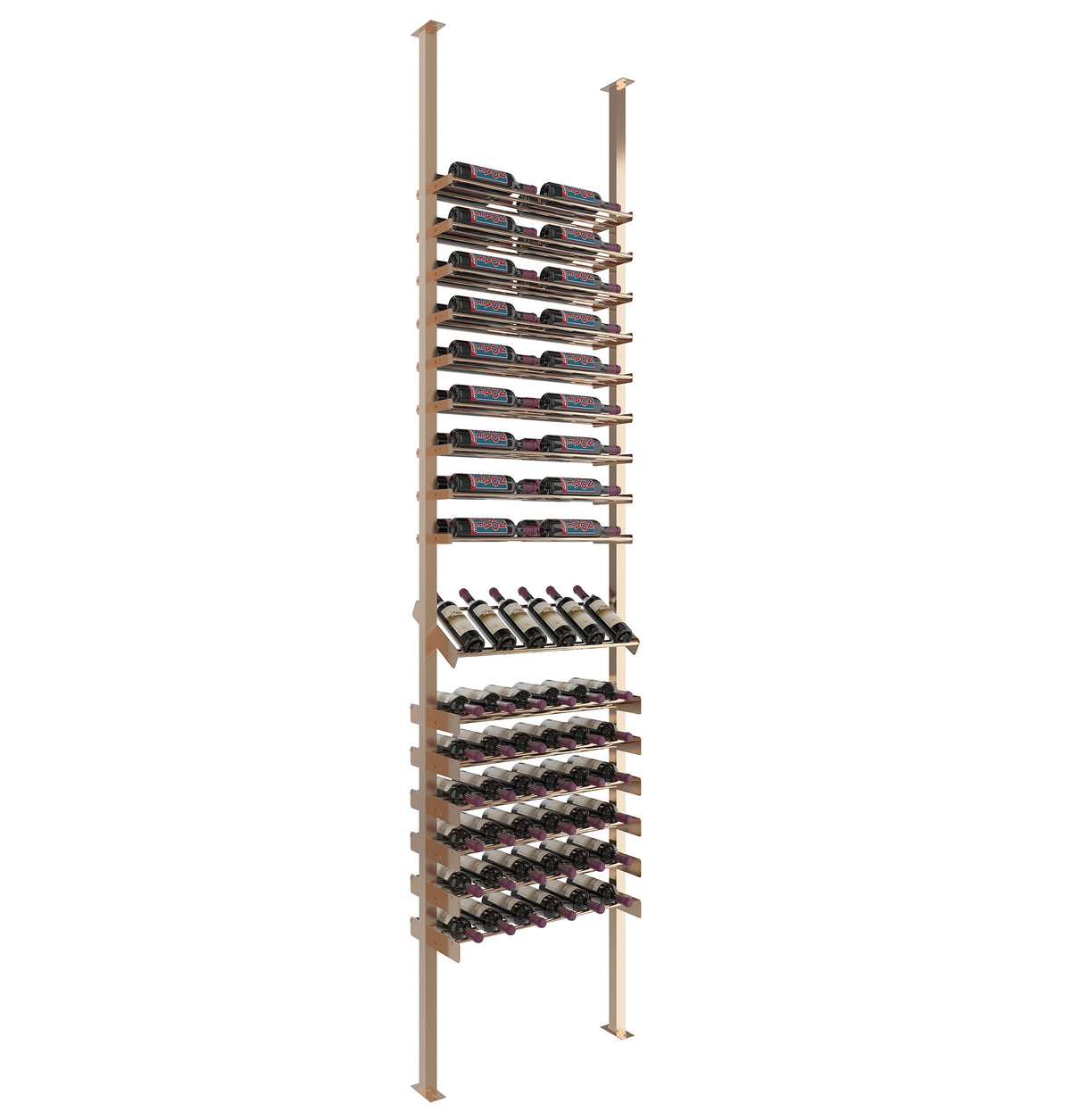 Wine bottle display rack with maroon-capped bottles and bronze-toned posts