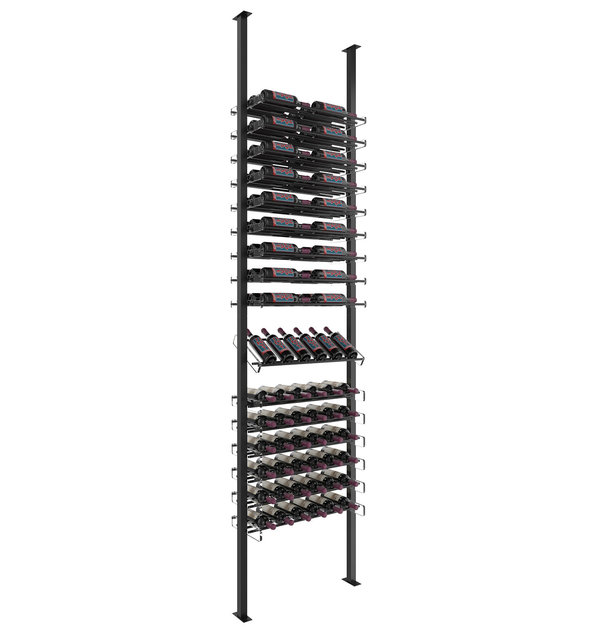 Wine bottle display rack with silver posts and black bottle-cradle rows