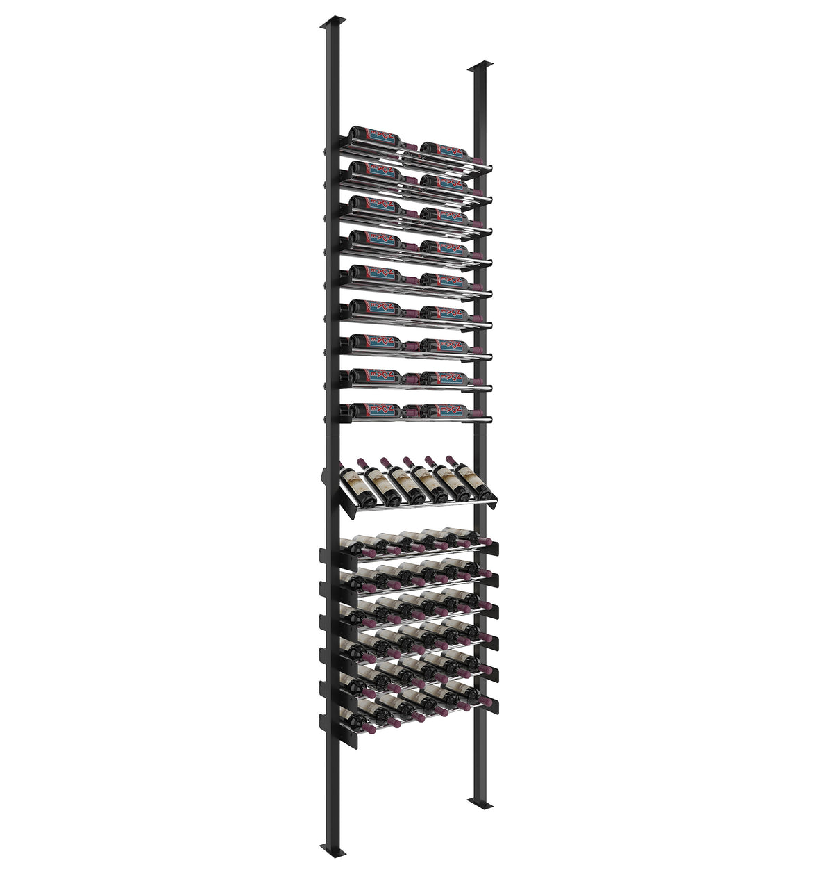 Wine bottle display rack with matte black posts and bottle cradles in rows