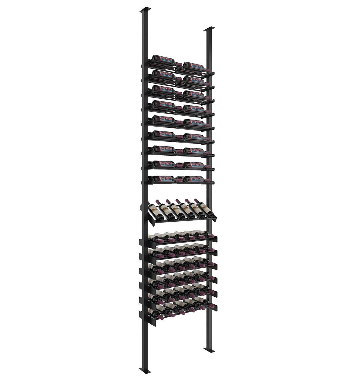 Wine bottle display rack with dark posts and stacked bottle cradles for easy viewing