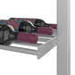 Low-profile wine bottle display rack with maroon-capped bottles, light gray frame