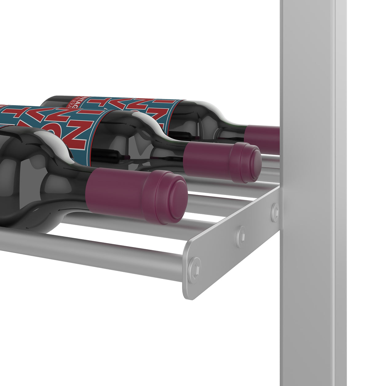 Low-profile wine bottle display rack with maroon-capped bottles, light gray frame