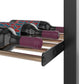 Low-profile wine bottle display rack with maroon-capped bottles, black end bracket