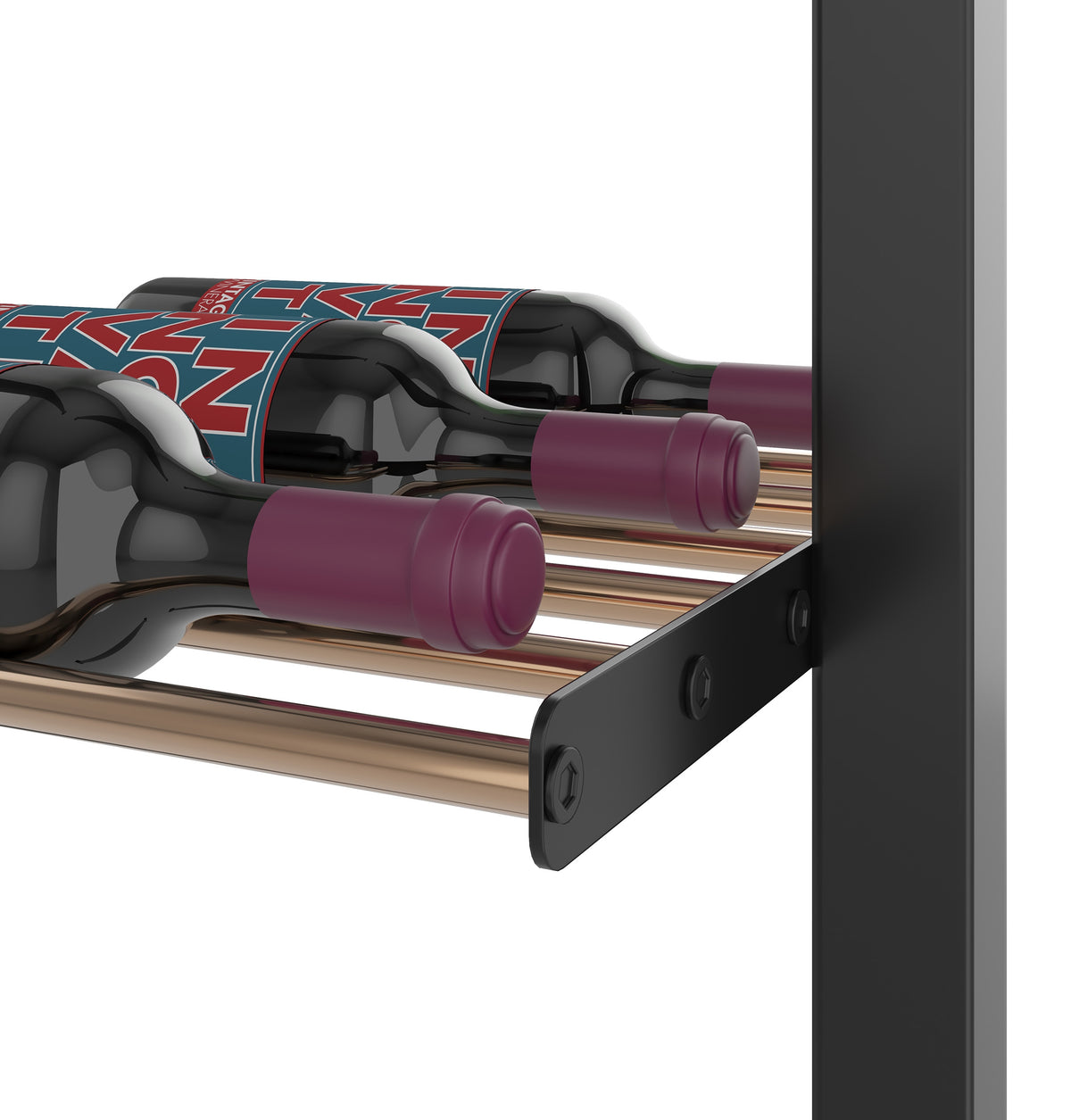 Low-profile wine bottle display rack with maroon-capped bottles, black end bracket