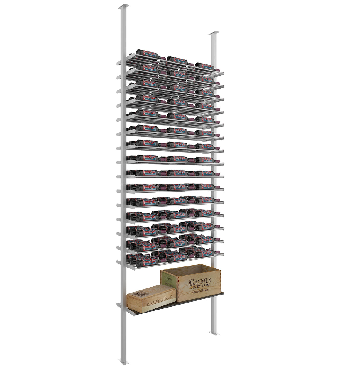 Cool gray low-profile wine bottle rack with stacked bottle slots and bottom storage shelf