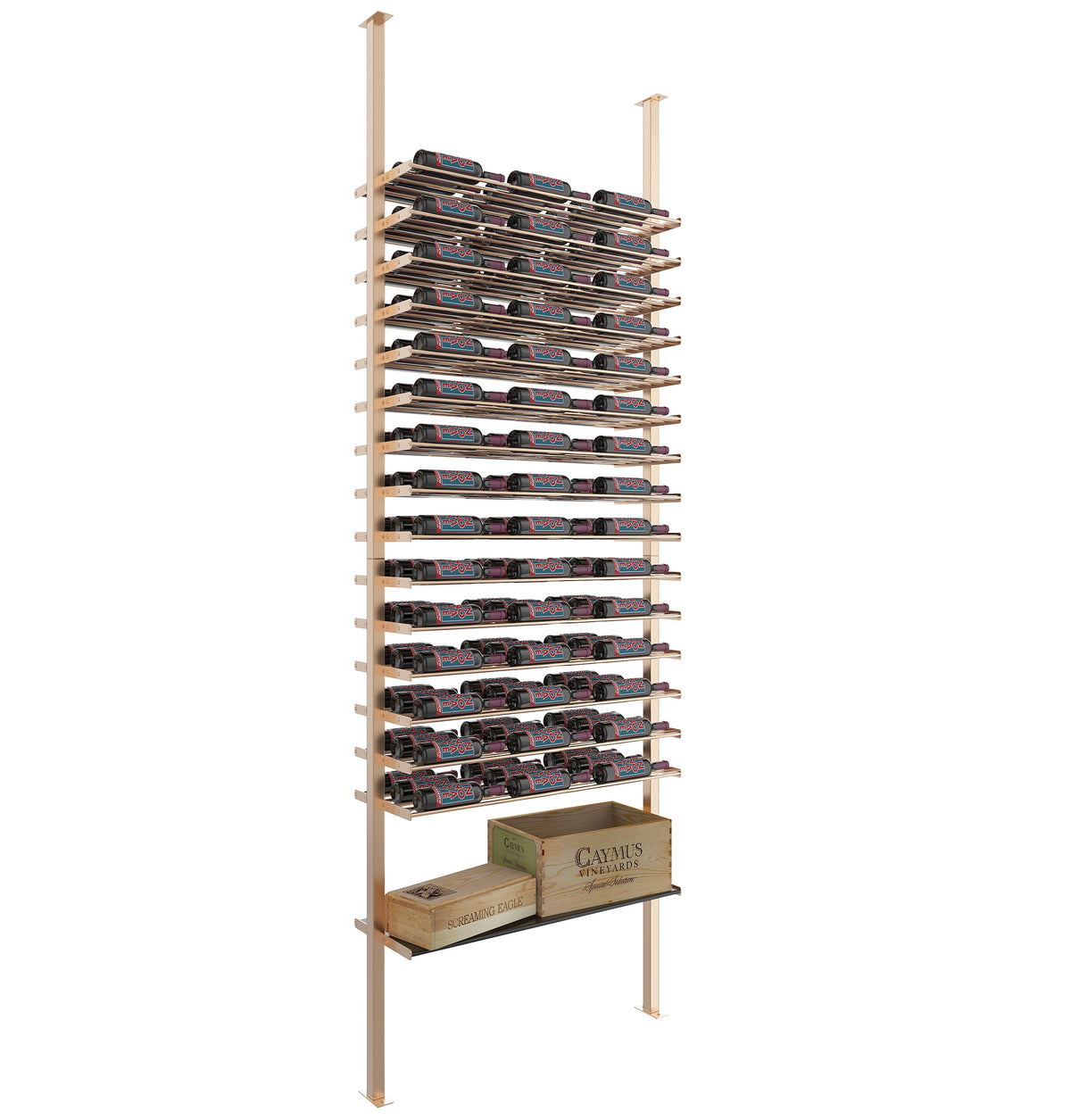 Light wood-toned low-profile wine bottle rack with stacked bottle slots and base shelf