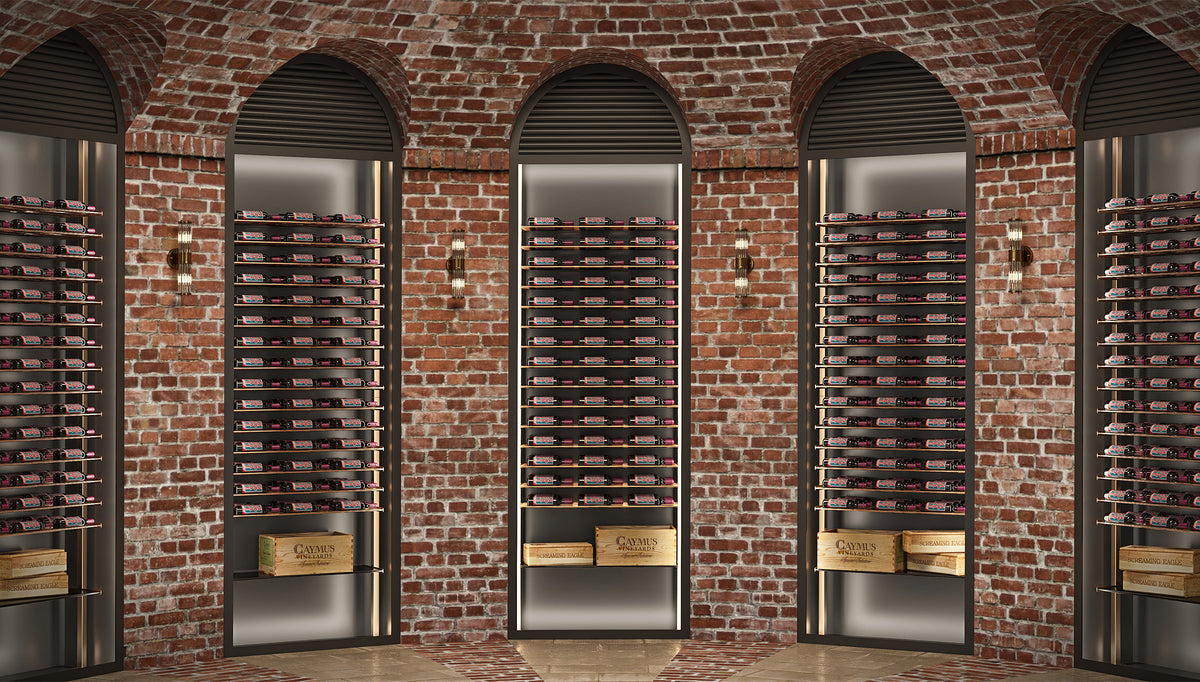 Low-profile wine bottle display with dark metal posts and multiple bottle rows