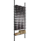 Black low-profile wine bottle rack with stacked bottle slots and bottom storage shelf