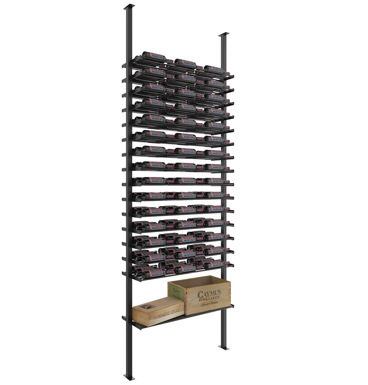 Black low-profile wine bottle rack with stacked bottle slots and bottom storage shelf