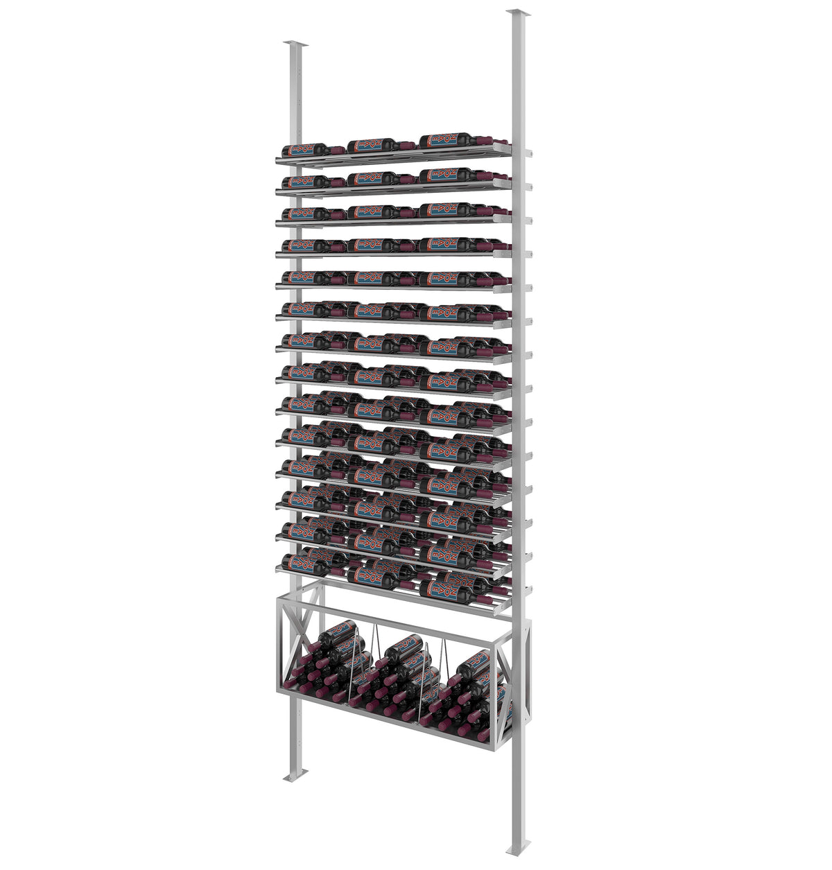 Low-profile wine bottle rack kit with cool gray frame and stacked horizontal bottle compartments