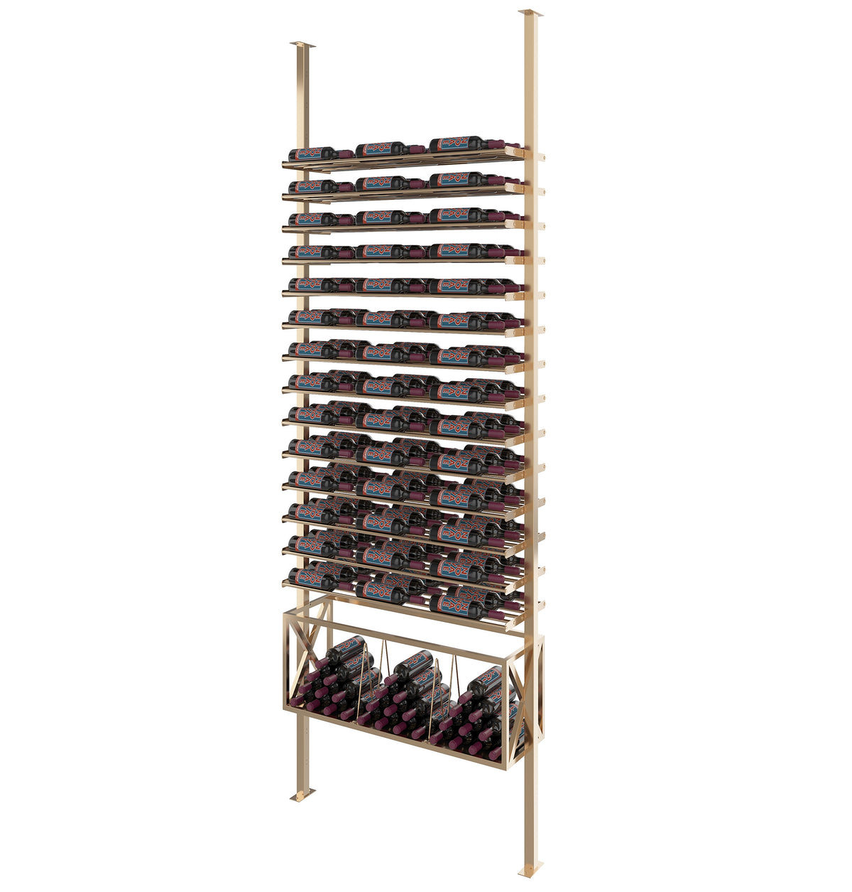 Low-profile wine bottle rack kit with light bronze frame and horizontal bottle storage rows