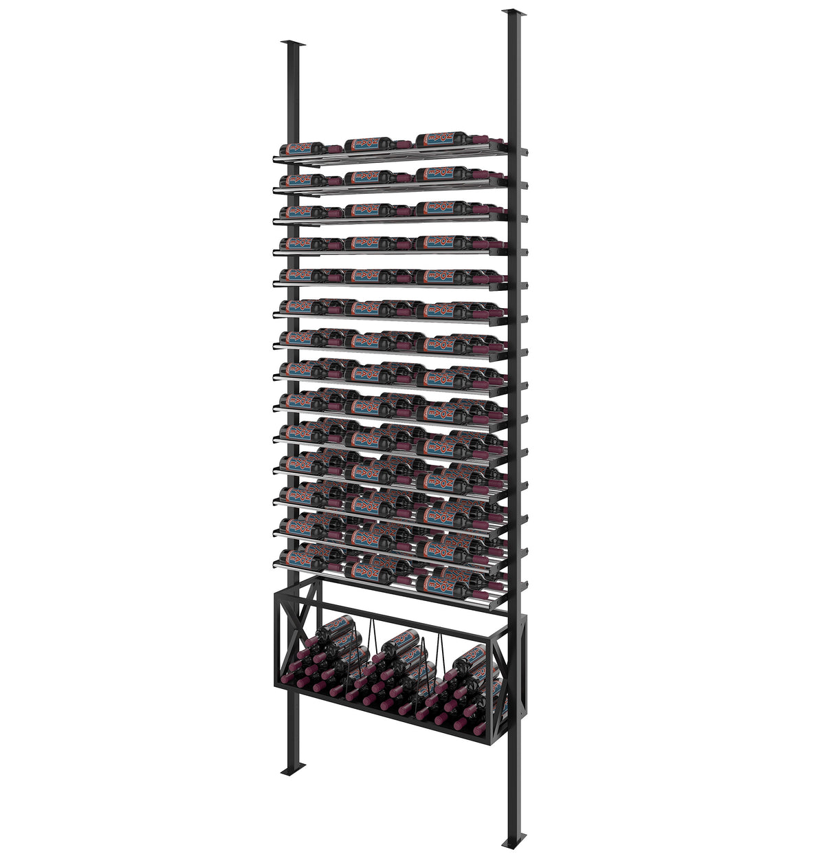 Low-profile wine bottle rack kit with dark metal frame and multiple horizontal bottle slots