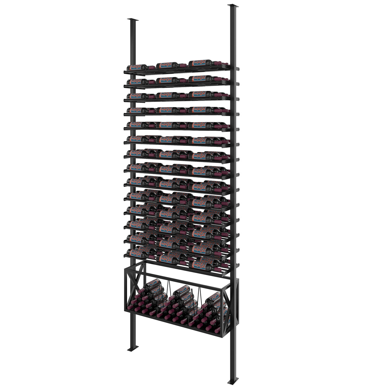 Low-profile wine bottle rack kit with dark metal frame and full row of capped wine bottles
