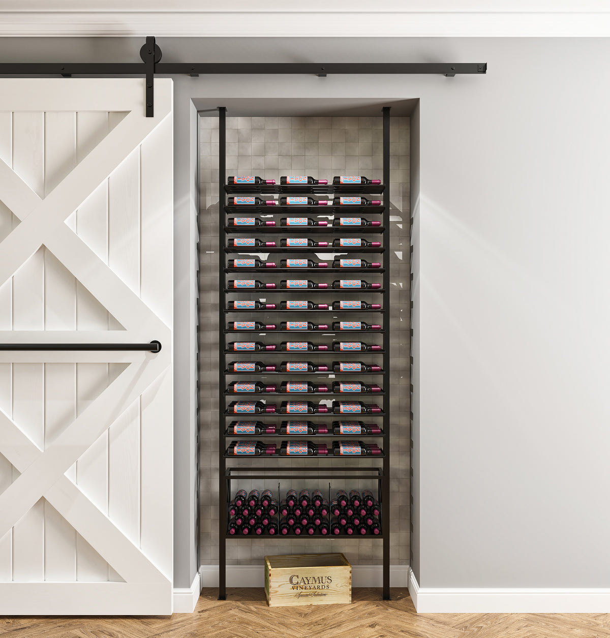 Low-profile wine bottle rack kit installed in a doorway, storing bottles on horizontal tiers