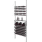 Cool gray low profile wine bottle storage rack with tiered slots and two bottles on shelf.