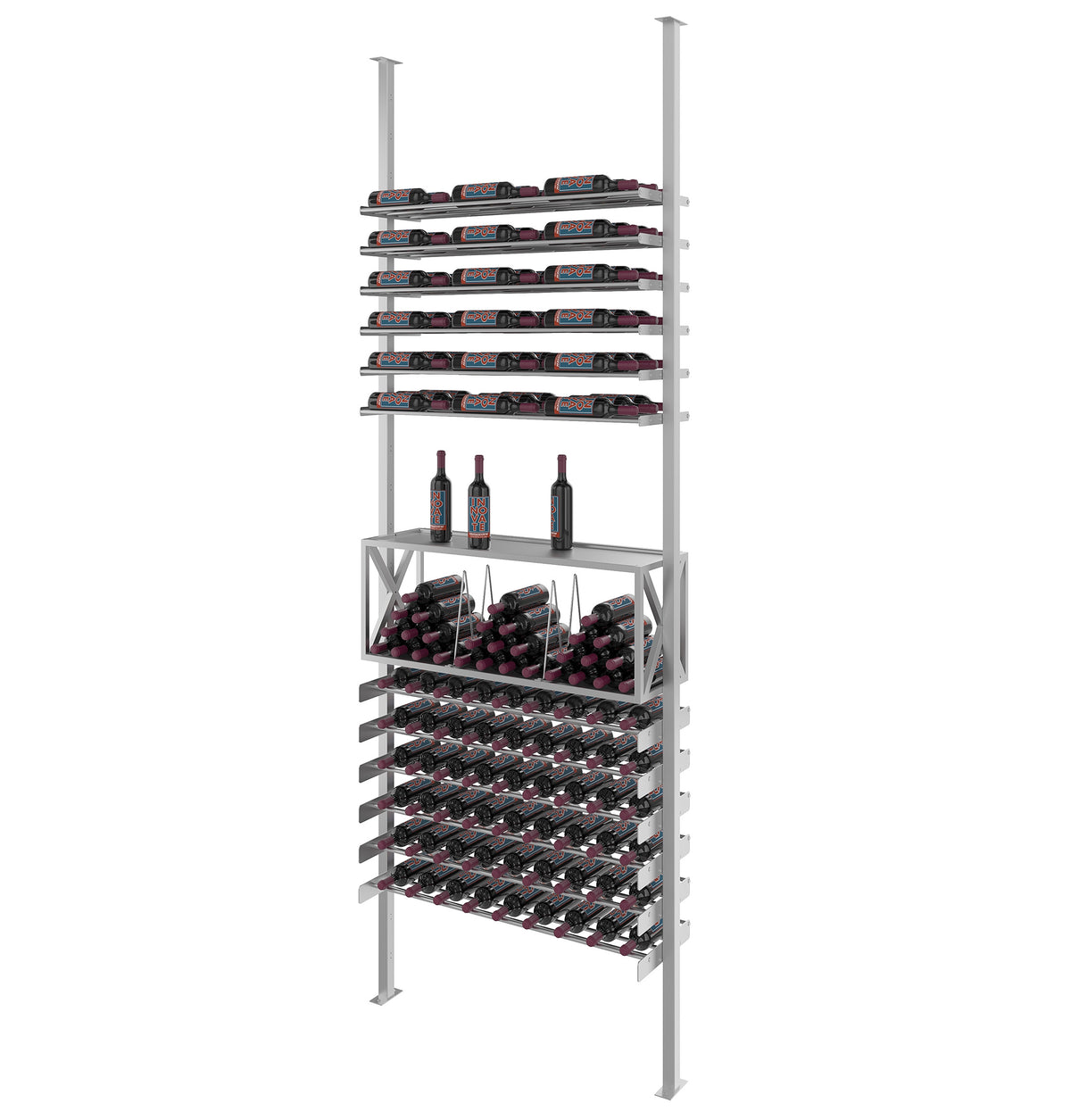 Cool gray low profile wine bottle storage rack with tiered slots and two bottles on shelf.