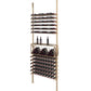 Golden bronze low profile wine bottle storage rack with tiered slots and two bottles on shelf.
